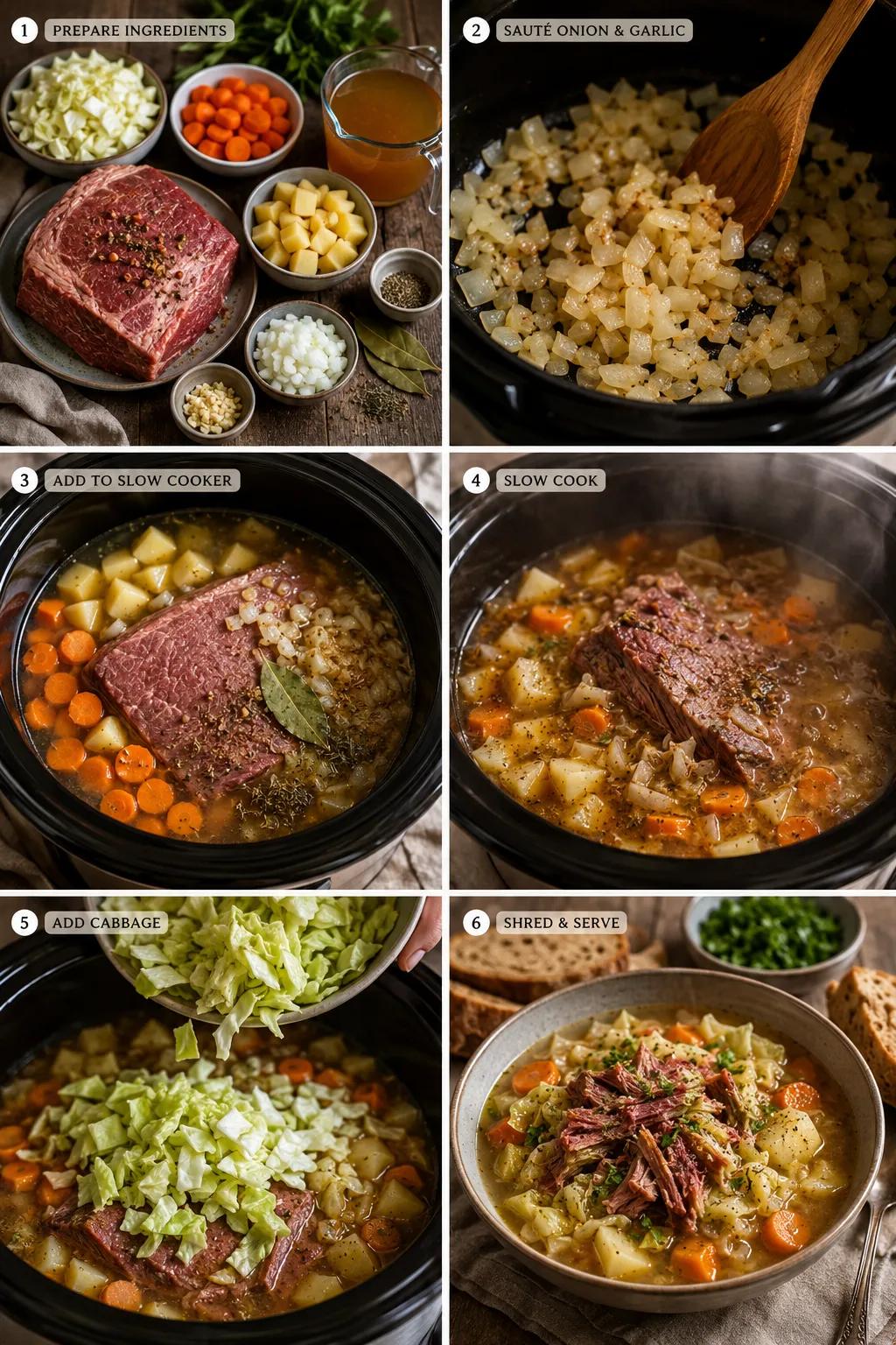 Vertical process collage showing slow cooker corned beef and cabbage soup from ingredients and cooking steps to the finished bowl.
