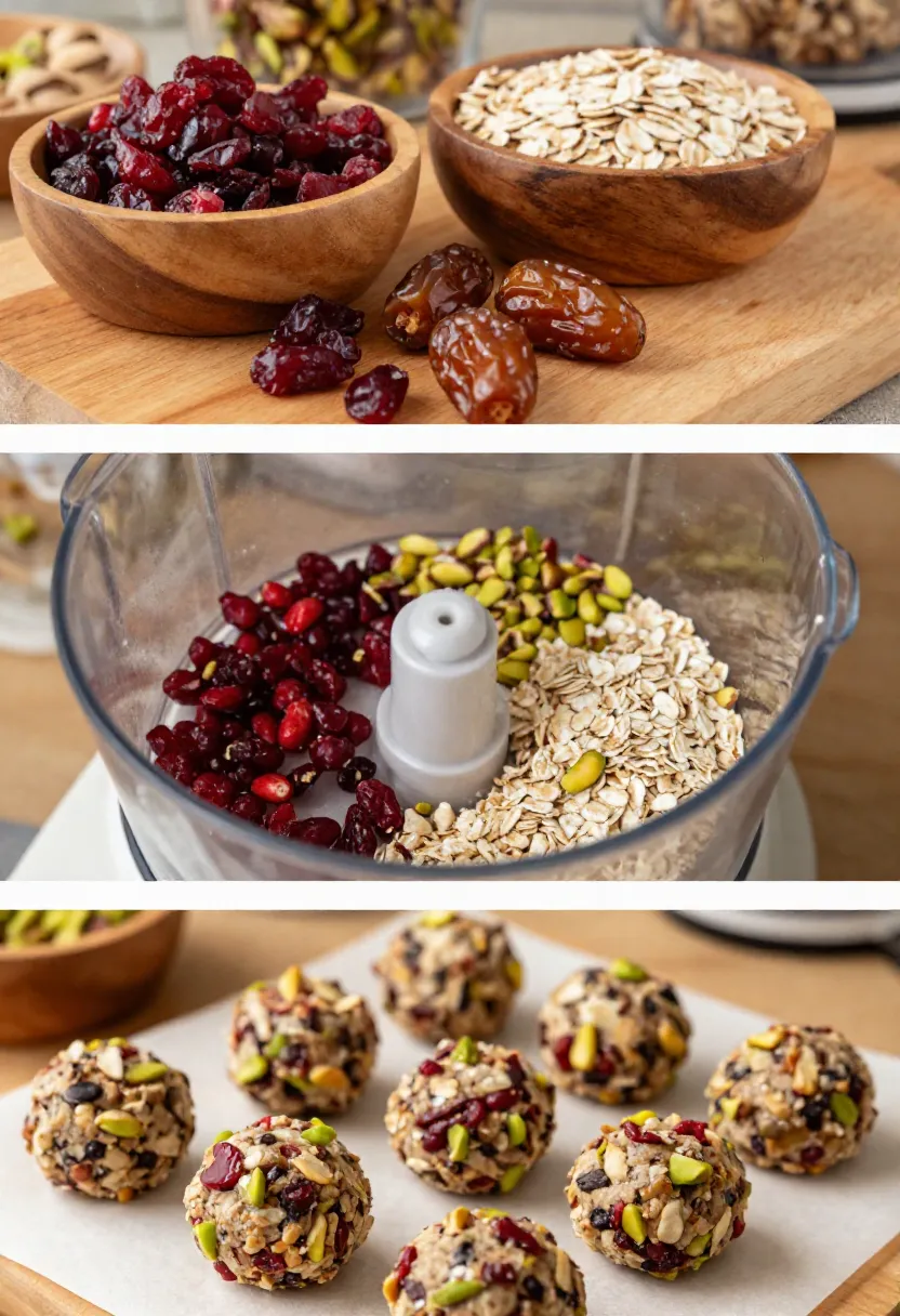Collage of food prep: bowls of dried cranberries and oats with dates on a wooden board, and fresh ingredients nearby plus a blender filled with the same ingredients, ready to be processed for energy bites, followed by tray of oat-and-nut energy balls.