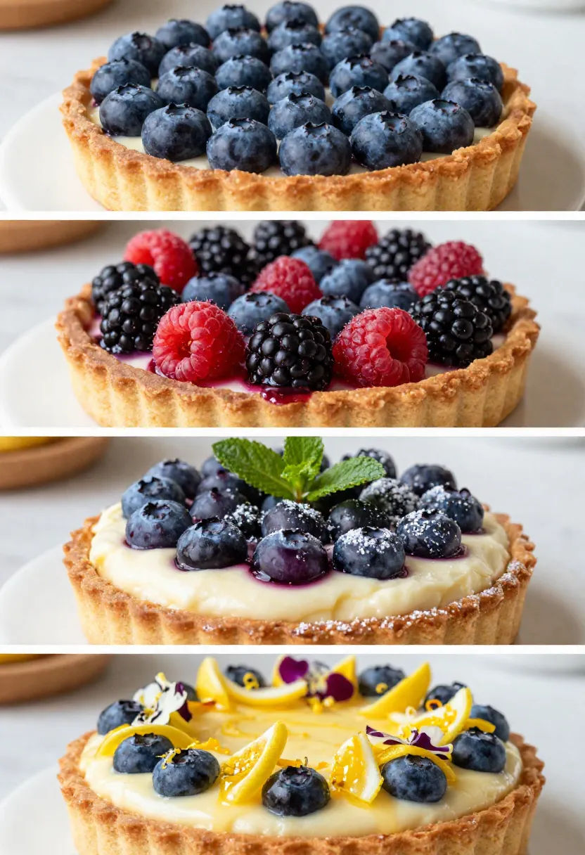 Collage of four berry tarts featuring blueberries, raspberries and blackberries with creamy fillings and decorative toppings.