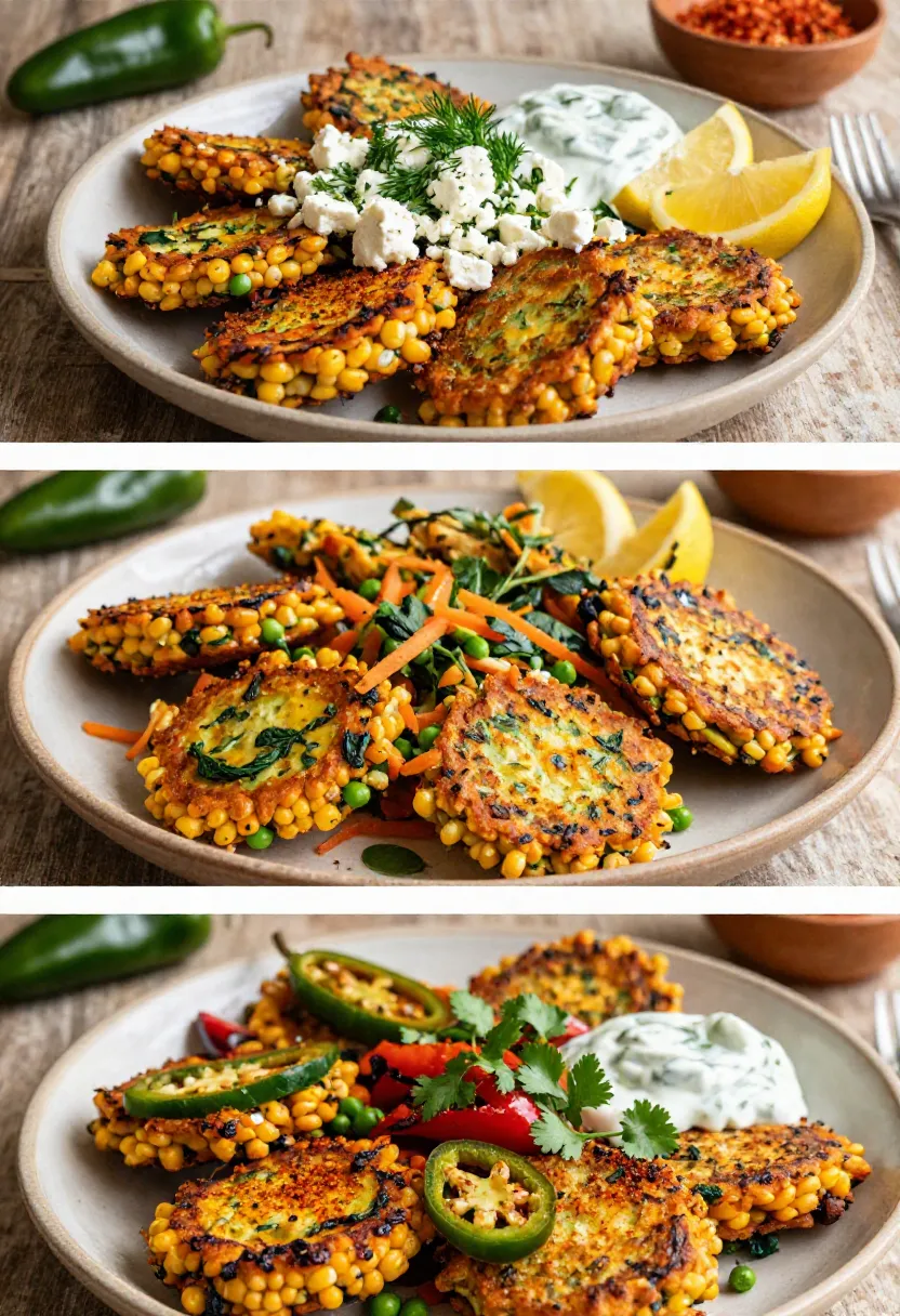 Three-frame collage showing corn and zucchini fritter variations with feta and dill, vegetables and herbs, and spicy jalapeño-roasted pepper toppings.