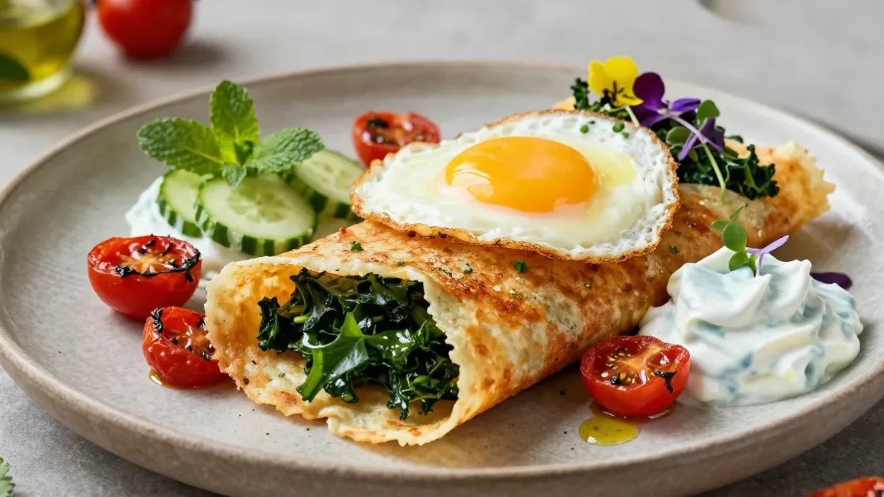 Beautifully plated crispy dosa with kale, roasted tomatoes, raita, and fried egg.
