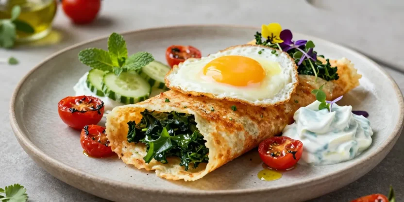 Beautifully plated crispy dosa with kale, roasted tomatoes, raita, and fried egg.