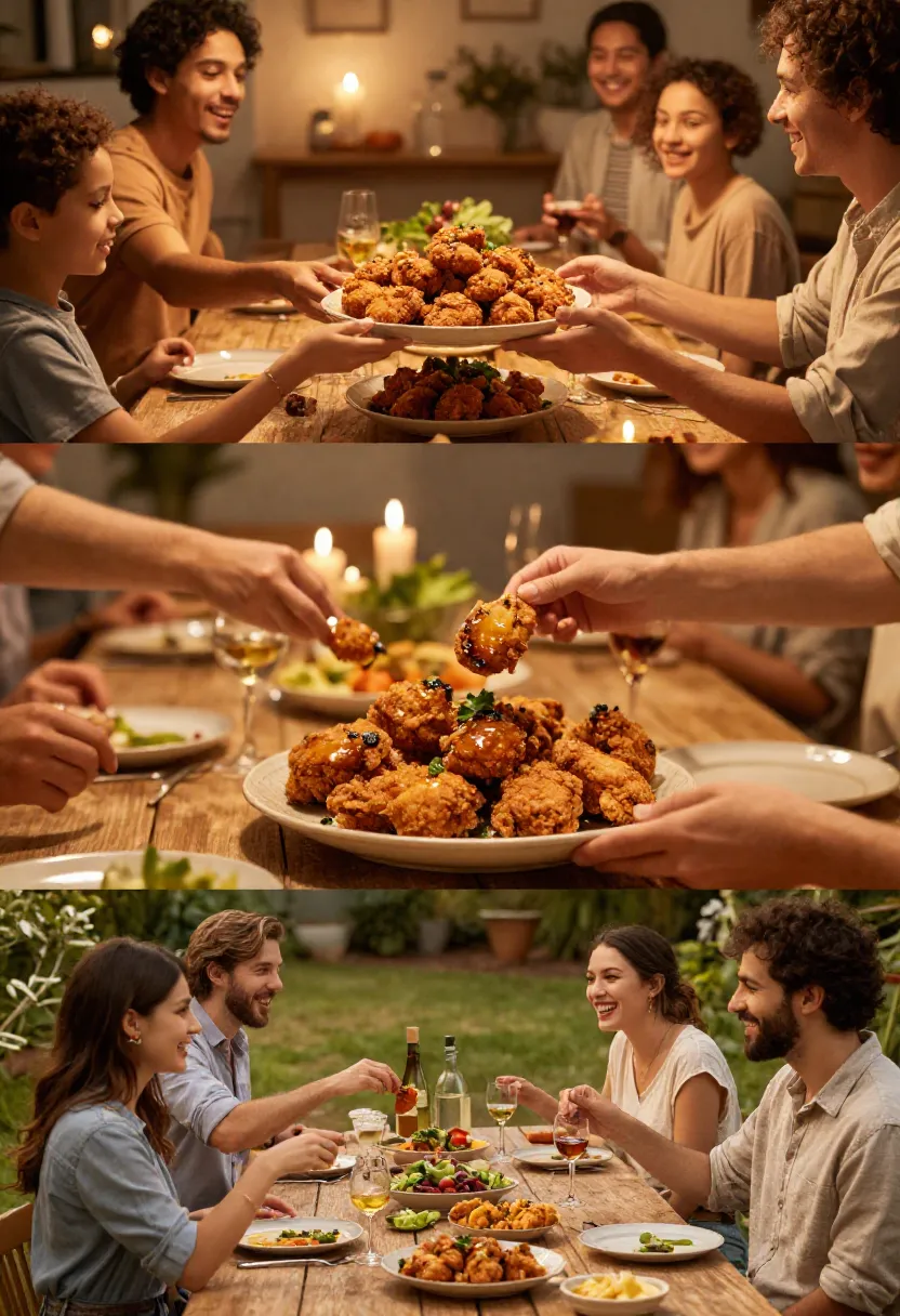 Family and friends enjoying crispy truffle honey fried chicken together at cozy dinners and casual gatherings.