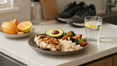 Balanced CrossFit nutrition meal with protein, carbs, vegetables, healthy fats, and water for workout energy and recovery.
