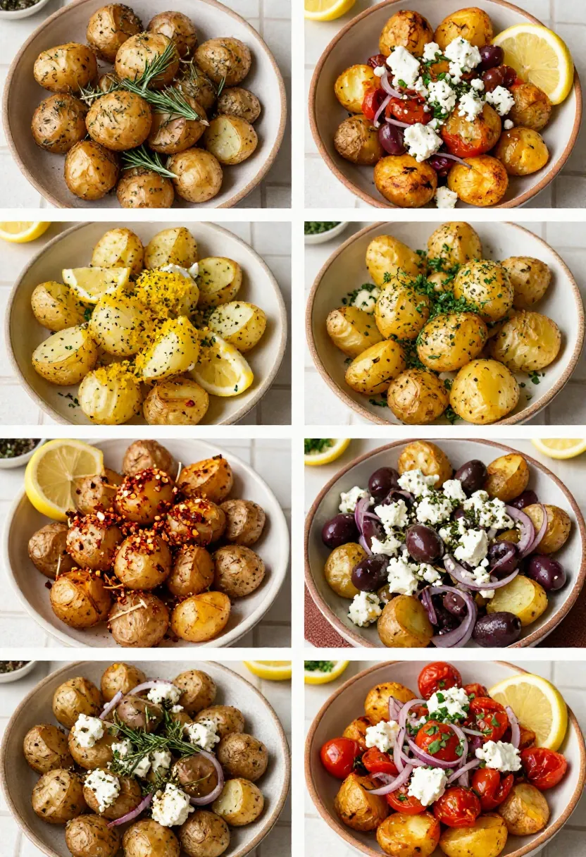 Five variations of roast potatoes with feta, herbs, olives, and Mediterranean-inspired toppings.