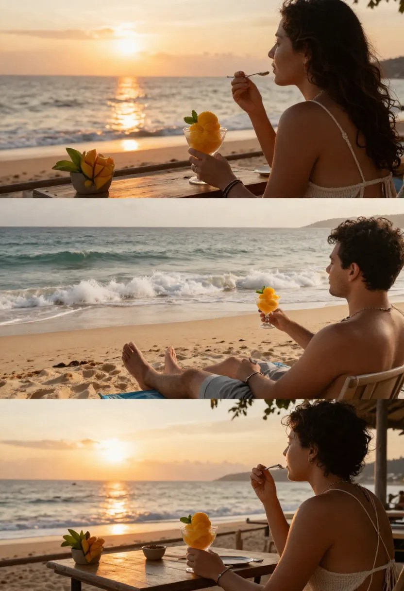Three-scene collage showing people enjoying mango sorbet by the sea during warm summer evenings and relaxed coastal moments.