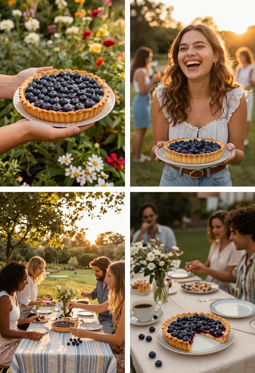 Summer lifestyle collage featuring blueberry tart, outdoor gatherings, shared desserts, and warm seasonal memories.