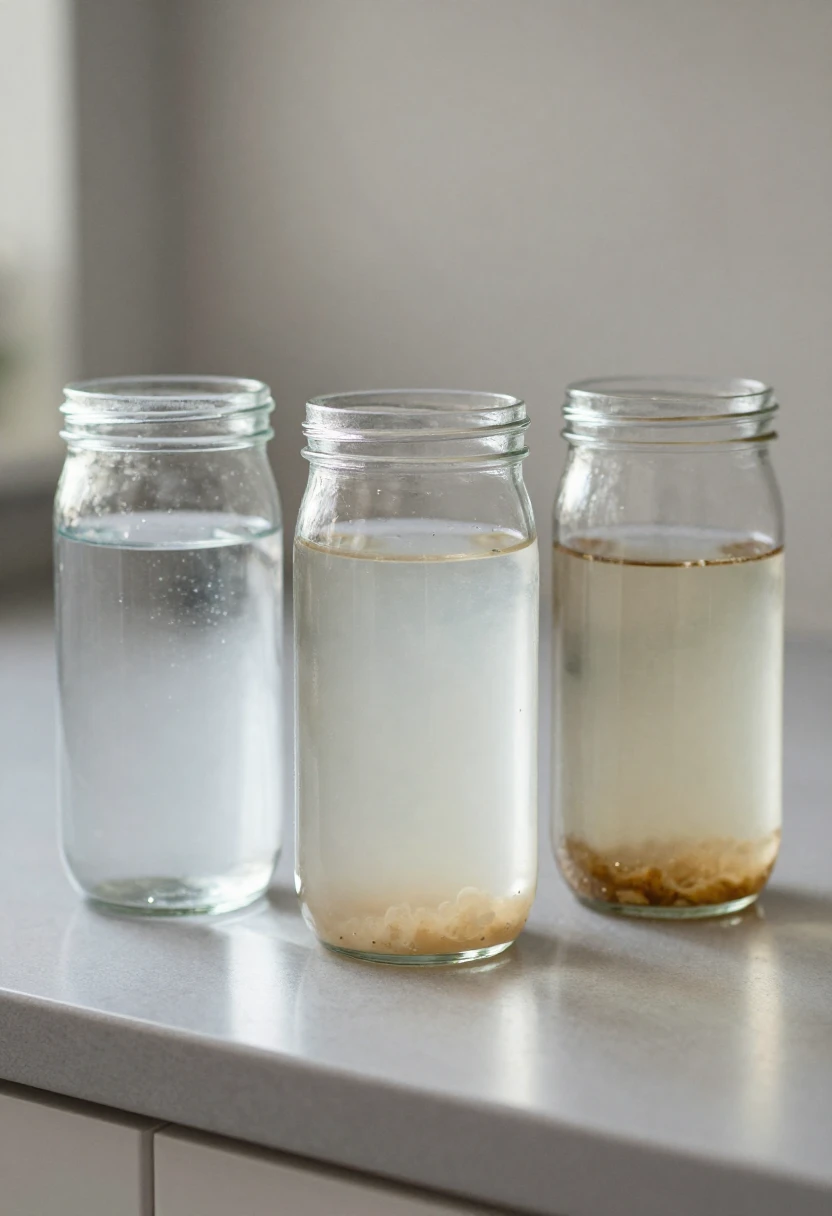 Three glass jars on a white countertop containing liquids: left is clear water, middle is cloudy with sediment settled at the bottom, and right is pale with brown sediment at the base.