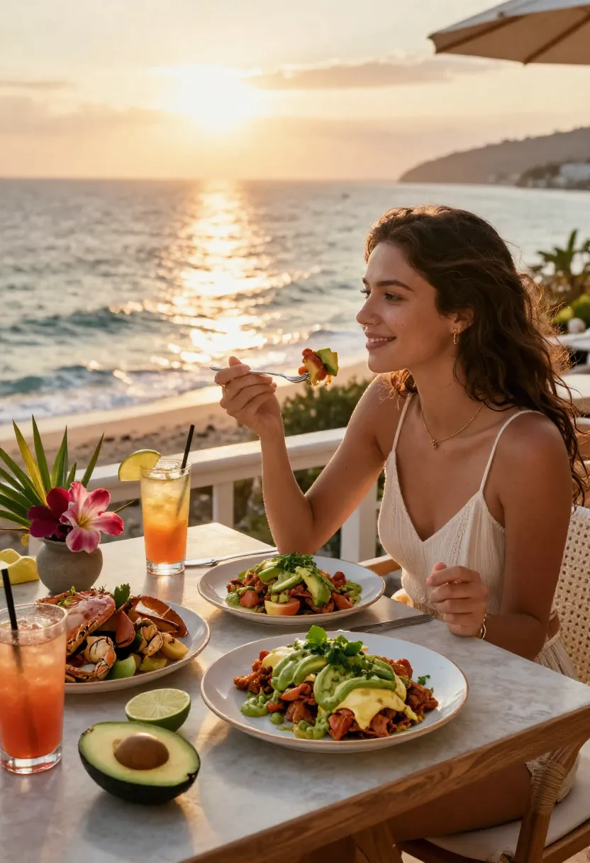 Woman enjoying crab avocado enchiladas on a seaside terrace at sunset with ocean views, warm golden light, and a beautifully set table.