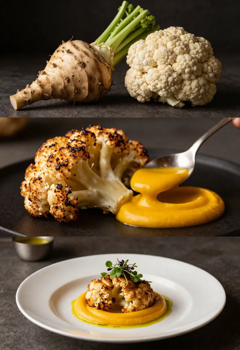 Three-scene collage showing raw cauliflower and celeriac, their transformation during cooking, and the finished elegant vegetable dish.