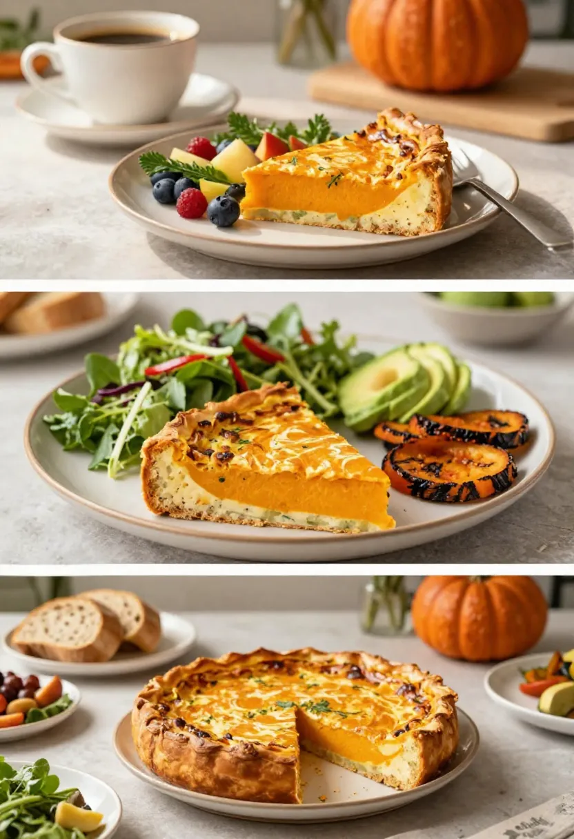 Three-frame collage showing pumpkin frittata served for breakfast, lunch, and a relaxed weekend brunch gathering.