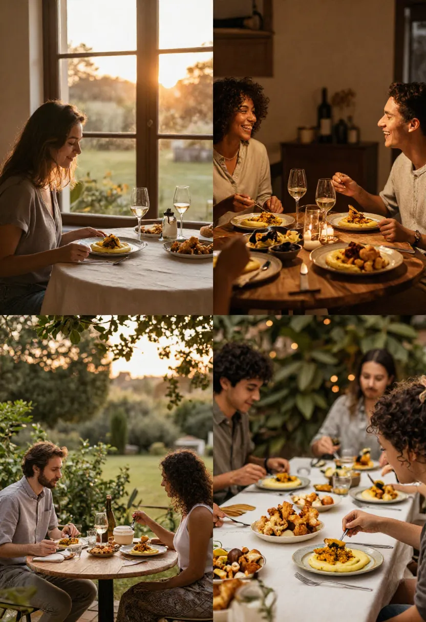 Four-scene collage showing people enjoying crispy cauliflower and saffron celeriac purée during cozy dinners, relaxed lunches, and gatherings with friends.