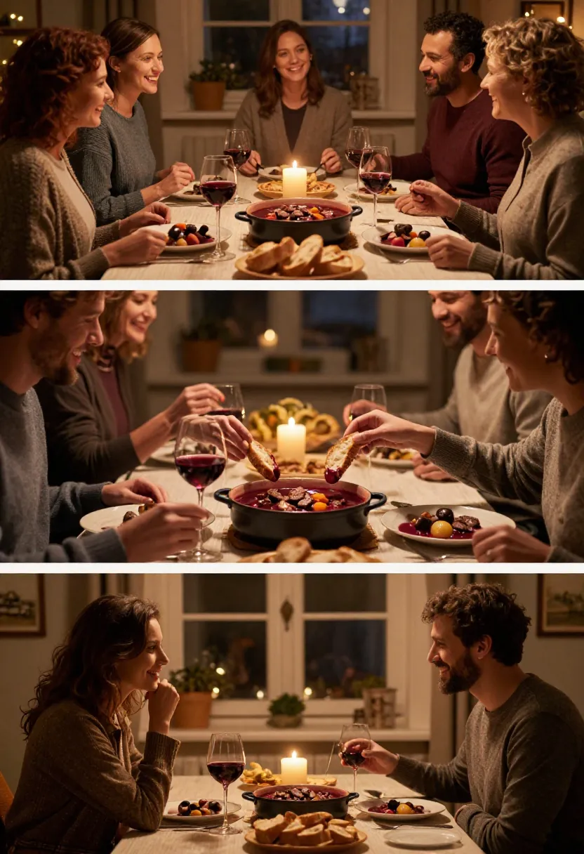 Six friends around a candlelit dining table share a meal, dipping bread into a central pot and clinking wine glasses.