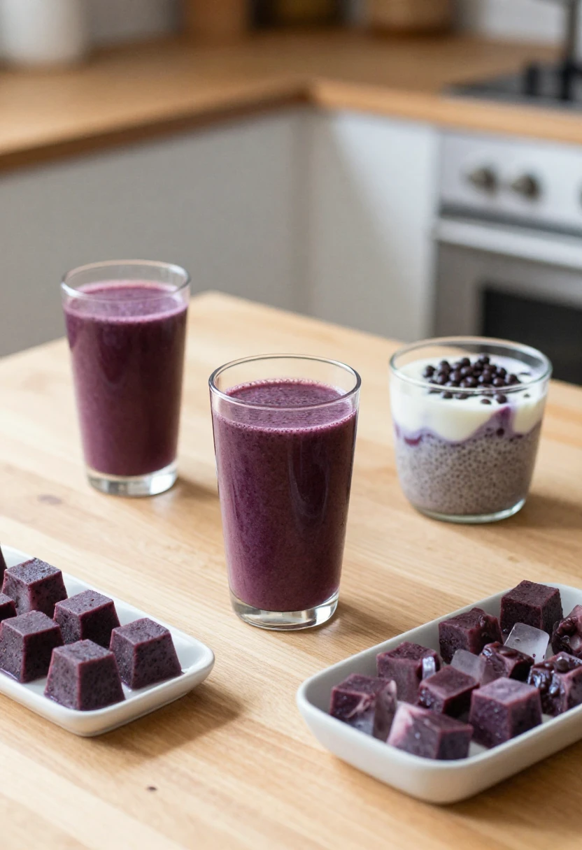 Simple acai juice ideas including a smoothie, chia pudding, yogurt swirl, and frozen acai cubes.