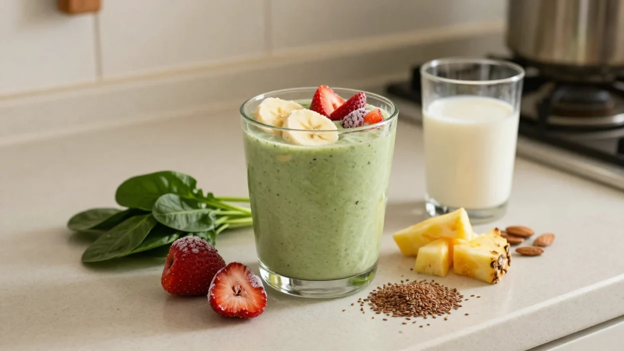 Green smoothie in a glass topped with banana slices and berries, with spinach, pineapple, almonds, and flax nearby on the counter.