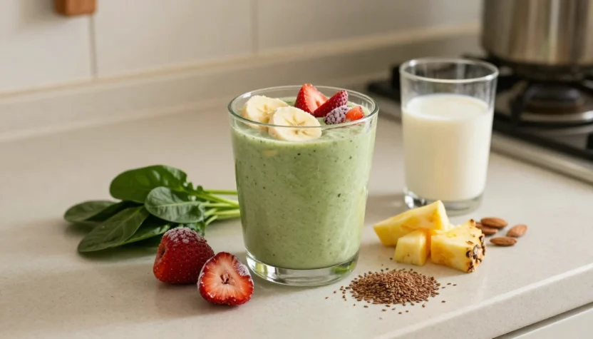 Green smoothie in a glass topped with banana slices and berries, with spinach, pineapple, almonds, and flax nearby on the counter.