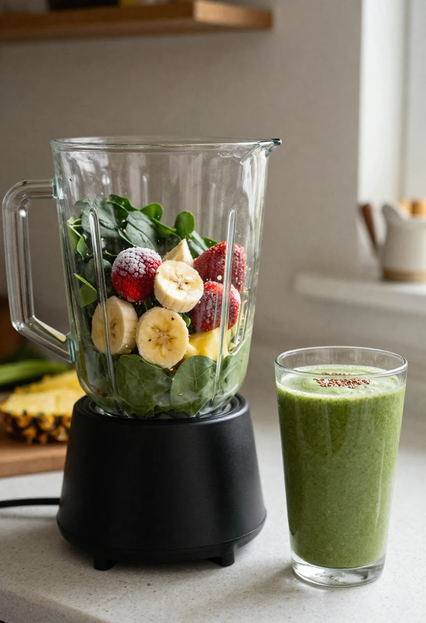 Blender with ingredients for an easy breakfast smoothie and a finished smoothie glass beside it.