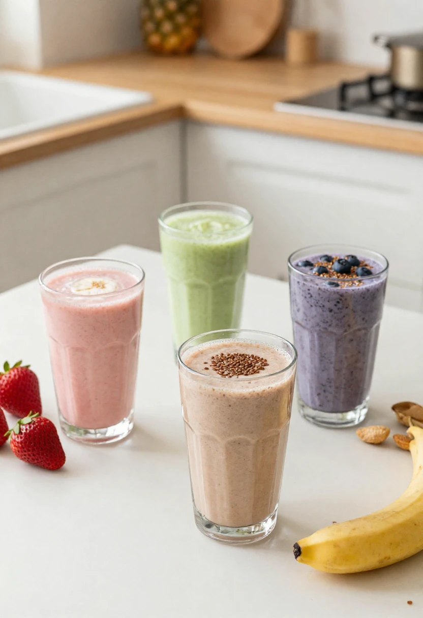 Four tall glasses of colorful smoothies on a white kitchen counter, with strawberries and a banana nearby.