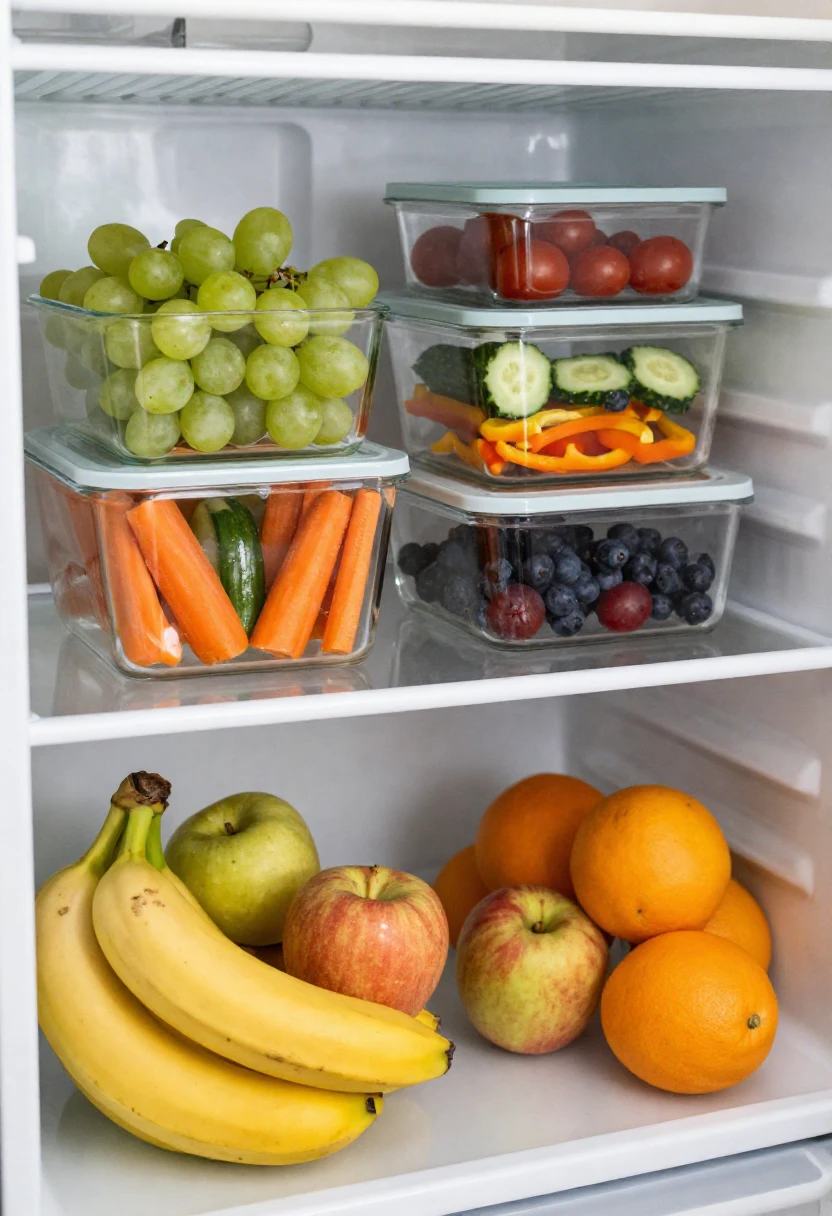 Washed and cut fruits and vegetables stored for easy snacking.