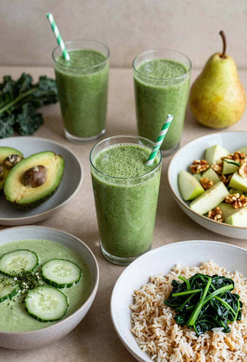 Three green smoothies with striped straws, surrounded by bowls of cucumber soup, avocado halves, pear slices with walnuts, and a bowl of brown rice with sautéed greens.