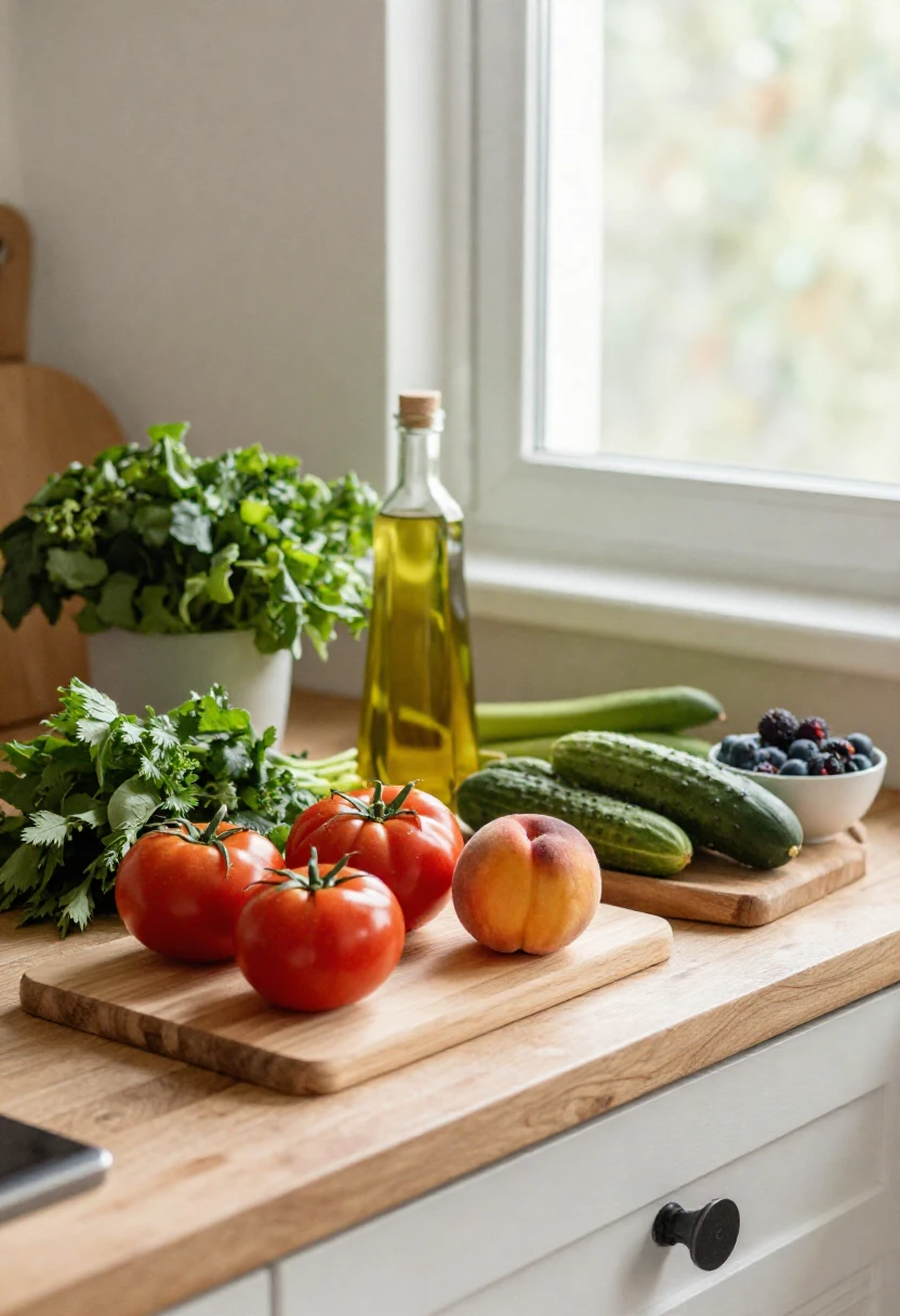 Fresh summer produce on a kitchen counter for easy healthy eating.