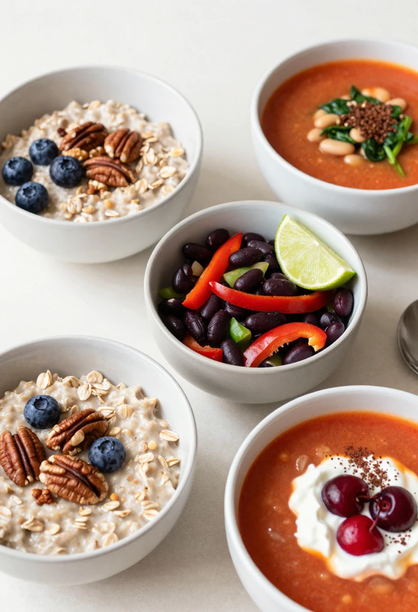 Simple everyday meals with antioxidant-rich foods, including berry oatmeal, black bean salad, tomato soup, and cherry yogurt.