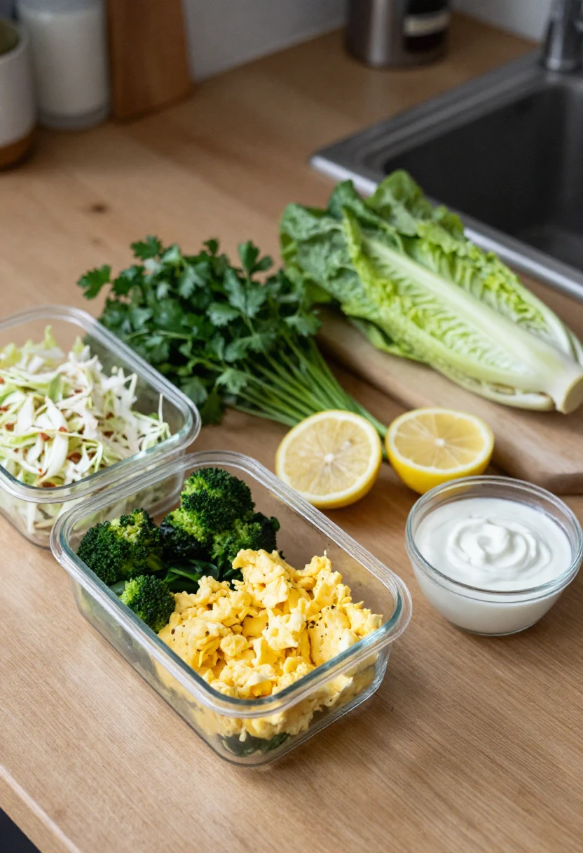Meal prep scene: broccoli and scrambled eggs in a glass container with shredded cabbage, parsley, romaine, lemons, and yogurt nearby on a kitchen counter.