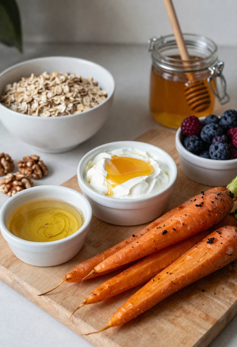 Everyday foods with honey including yogurt, oatmeal, dressing, and roasted carrots.