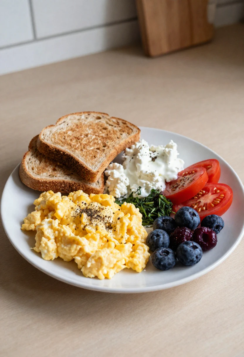 Breakfast plate with scrambled eggs, two slices of toast, cottage cheese, tomato slices, greens, blueberries, and cherries.