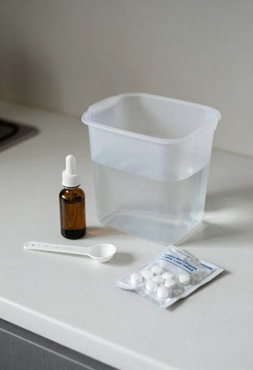 Emergency water disinfection supplies arranged beside a clean water container
