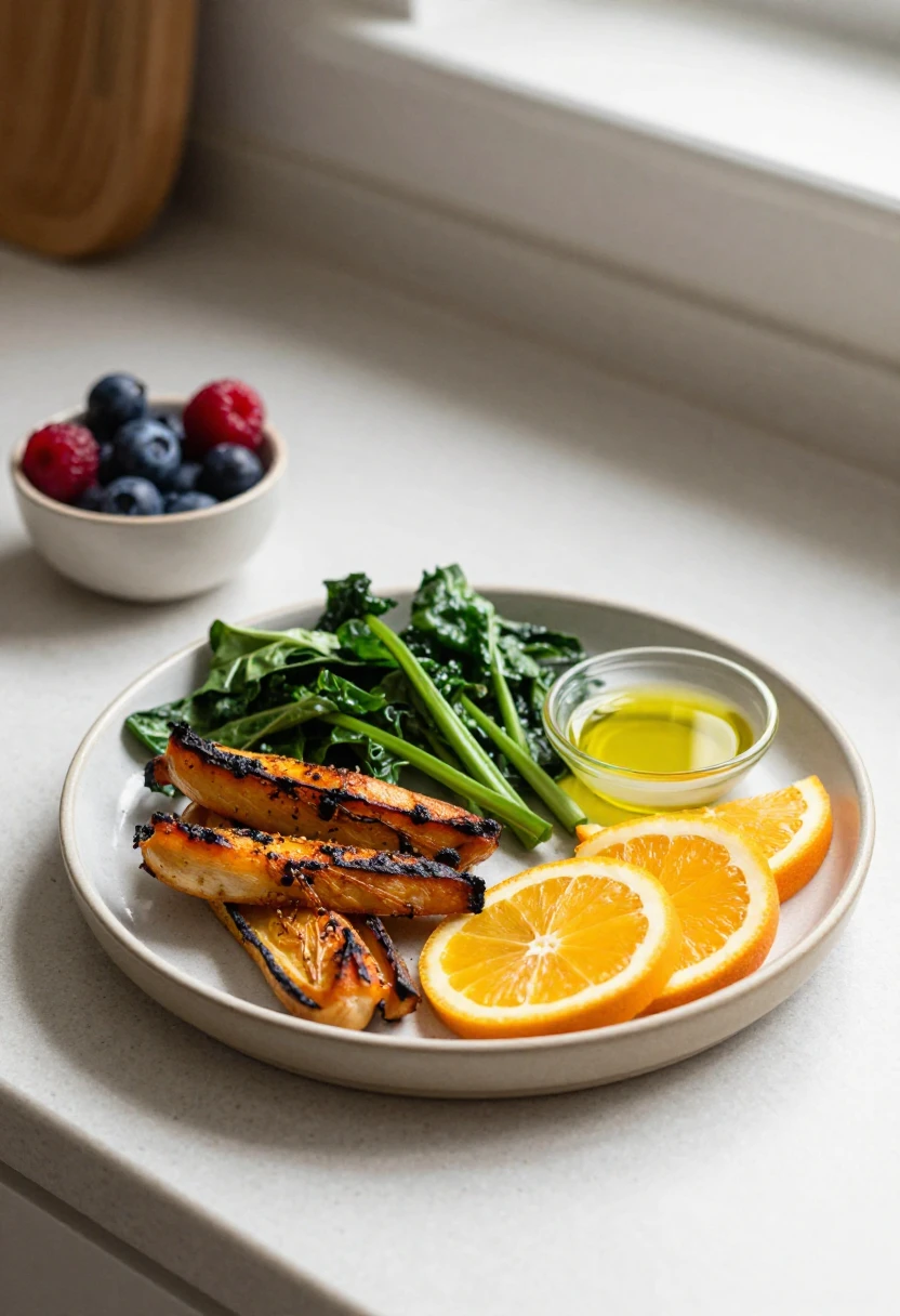 Plate with grilled salmon, greens, orange slices, and olive oil in a small dish; berries in a bowl on the counter in the background.