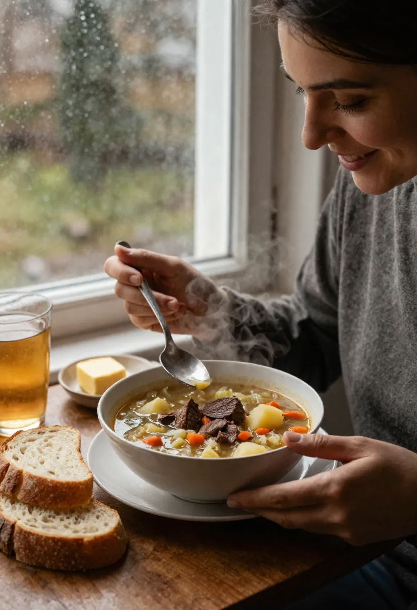 Person enjoying a warm bowl of corned beef and cabbage soup by a window on a cozy rainy day with fresh bread and a comforting atmosphere.