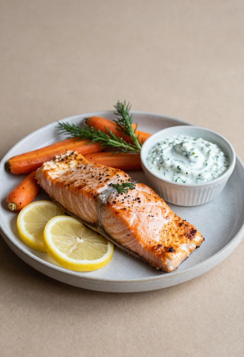 Grilled salmon fillet with lemon rounds, roasted carrots, dill sprigs, and a creamy herb-dill sauce on a light plate.