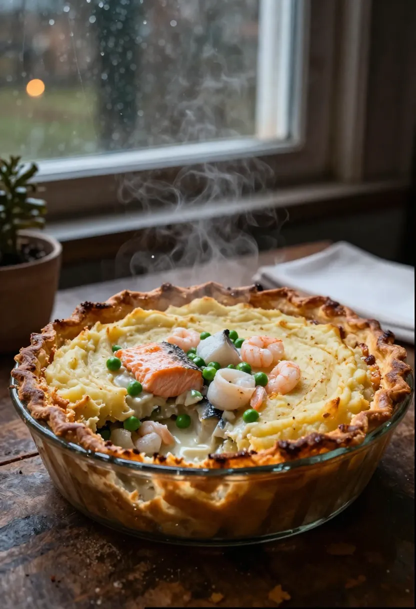 Freshly baked fish pie with a golden potato topping and creamy seafood filling, served on a cozy autumn evening.