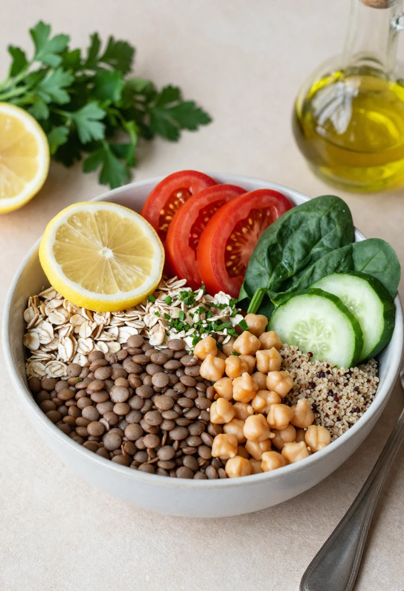 Fiber-rich summer foods with oats, lentils, chickpeas, quinoa, vegetables, and herbs.