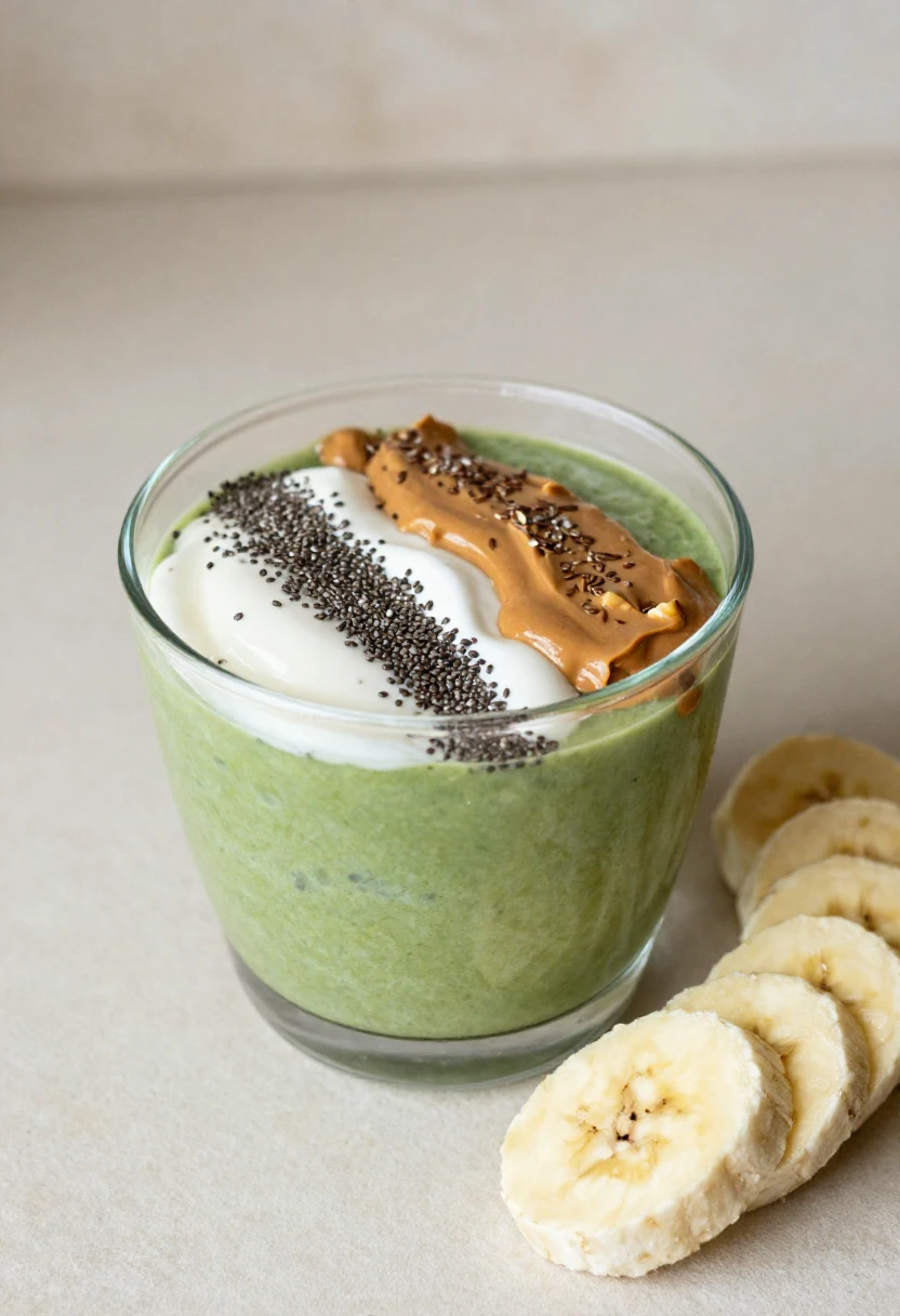 Green smoothie in a glass topped with yogurt, peanut butter, and chia seeds, with banana slices beside on a light surface.