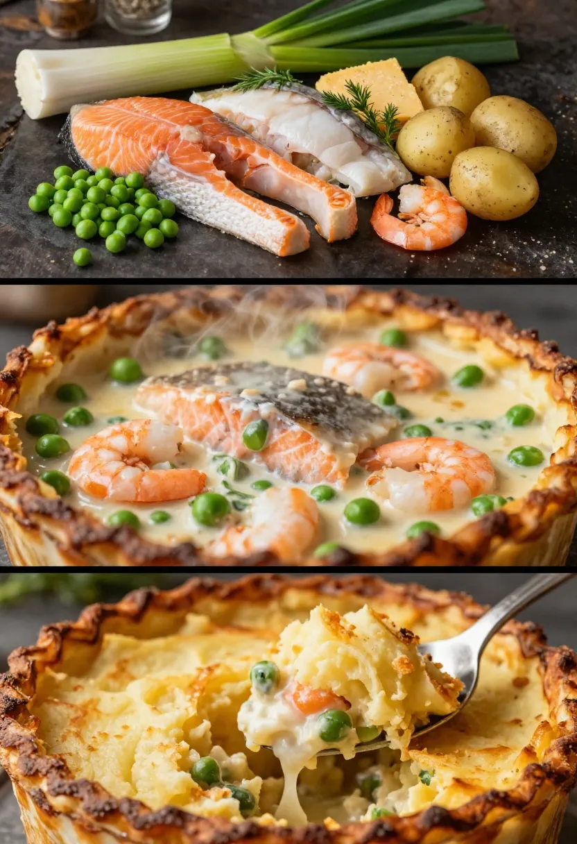 Three-frame collage highlighting the creamy, flaky, tender, and crispy textures found in classic fish pie.