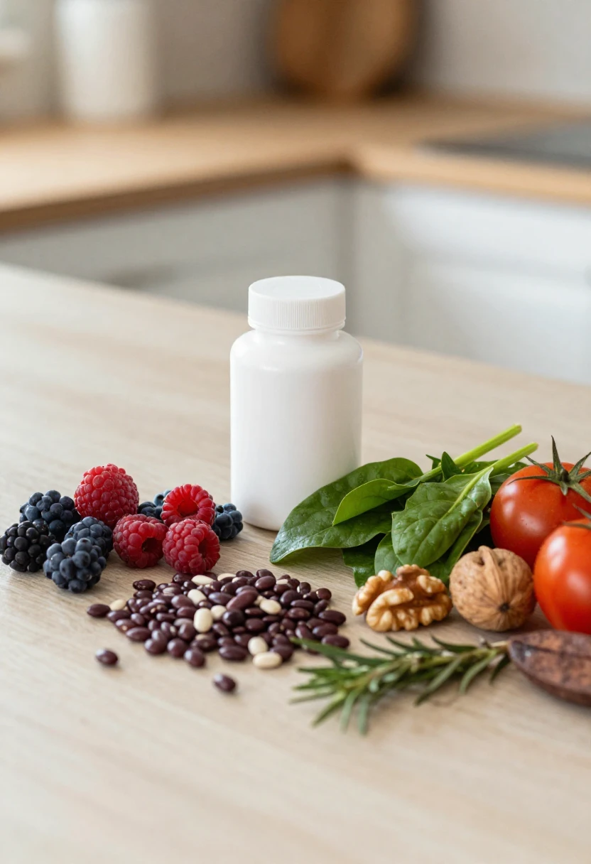Food-first antioxidant nutrition with berries, beans, greens, nuts, tomatoes, and cocoa shown in front of a supplement bottle.
