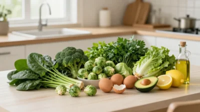Fresh vitamin K-rich foods including leafy greens, broccoli, Brussels sprouts, eggs, avocado, and olive oil on a kitchen table.
