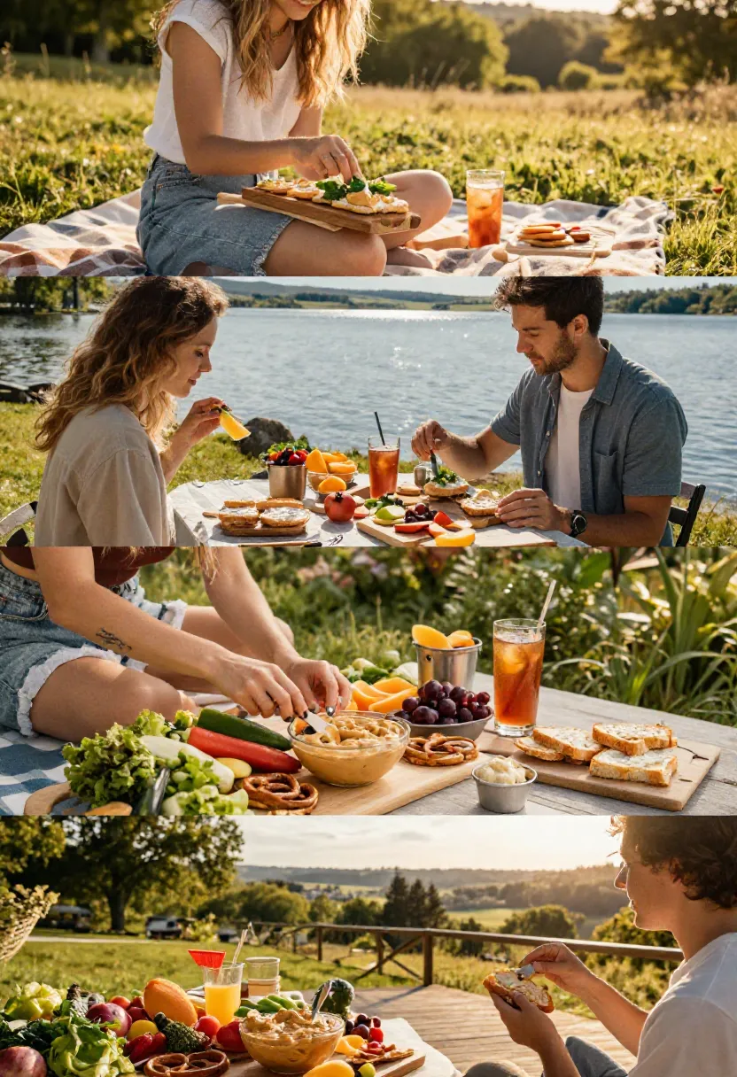 Four-scene collage showing people enjoying pimento cheese outdoors with crackers, sandwiches, grazing boards, and toasted sourdough in beautiful natural settings.