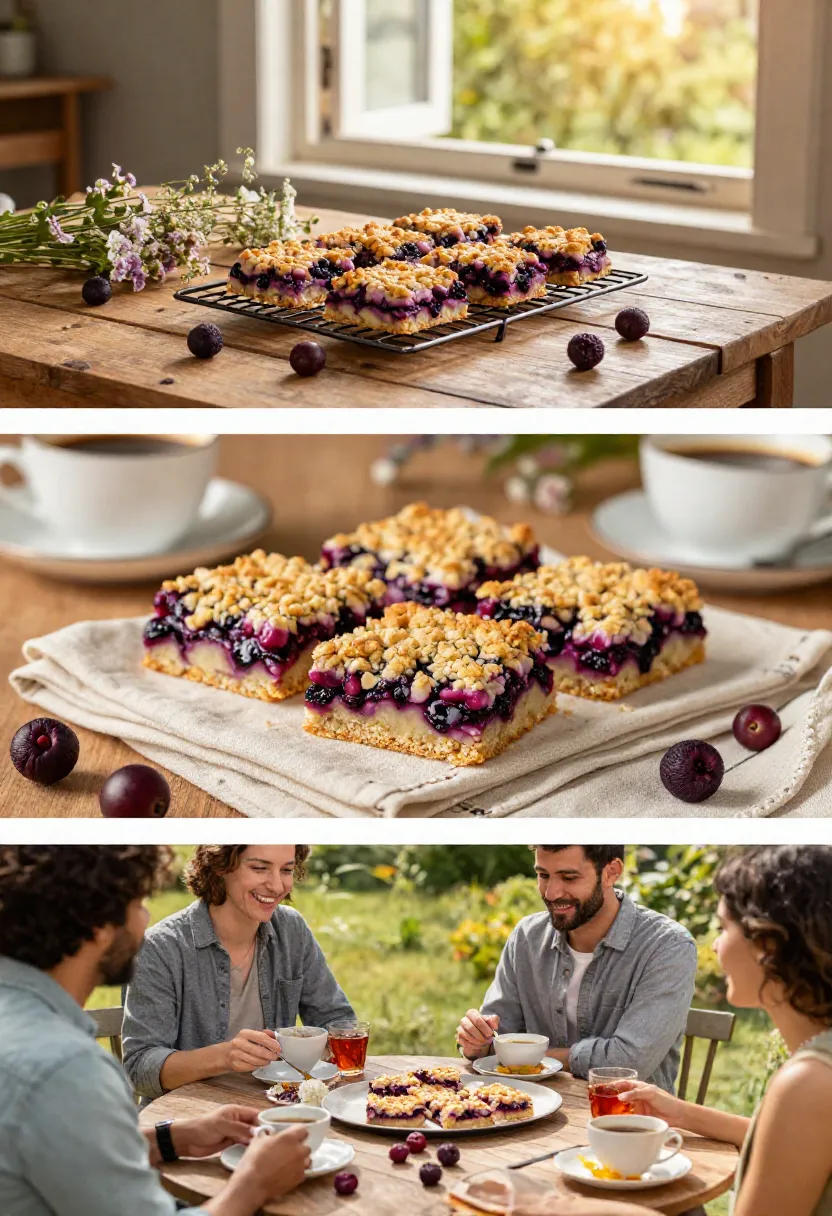 A three-panel collage: blueberry crumble bars cooling on a rack by a window, blueberry bars on a cloth with berries, and friends enjoying tea and blueberry bars at an outdoor table.
