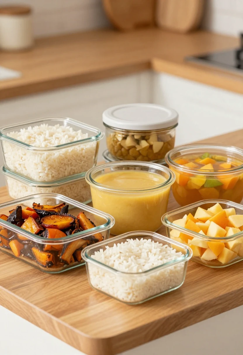 Assorted glass meal-prep containers on a wooden kitchen counter holding rice, cubed fruit, roasted vegetables, nuts, and sauces.