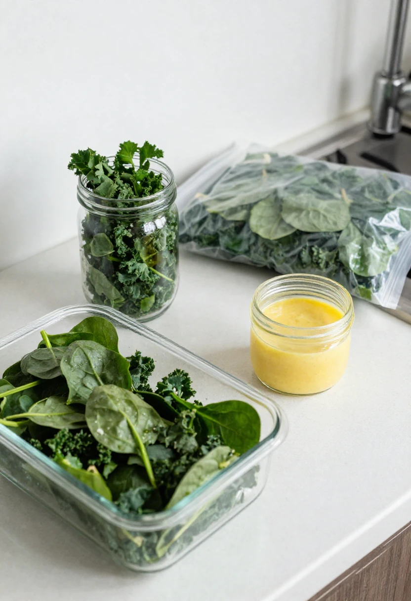 Glass container filled with kale and spinach on a white kitchen counter, with a jar of yellow dressing and a bag of greens in the background.