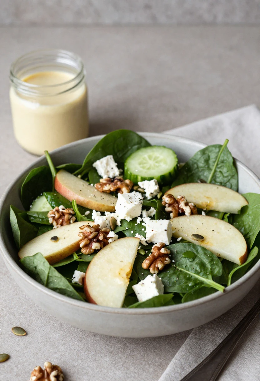 Spinach salad with pear slices, cucumber rounds, feta cubes, walnuts and pumpkin seeds, on a light bowl with a dressing jar in the background
