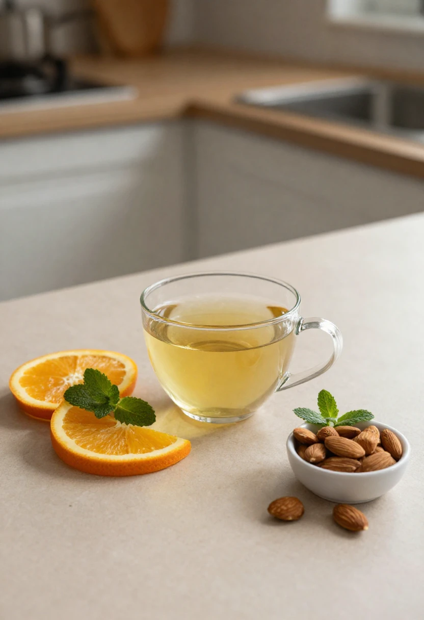 Cup of green tea with citrus and almonds as a gentle skin-supporting habit.