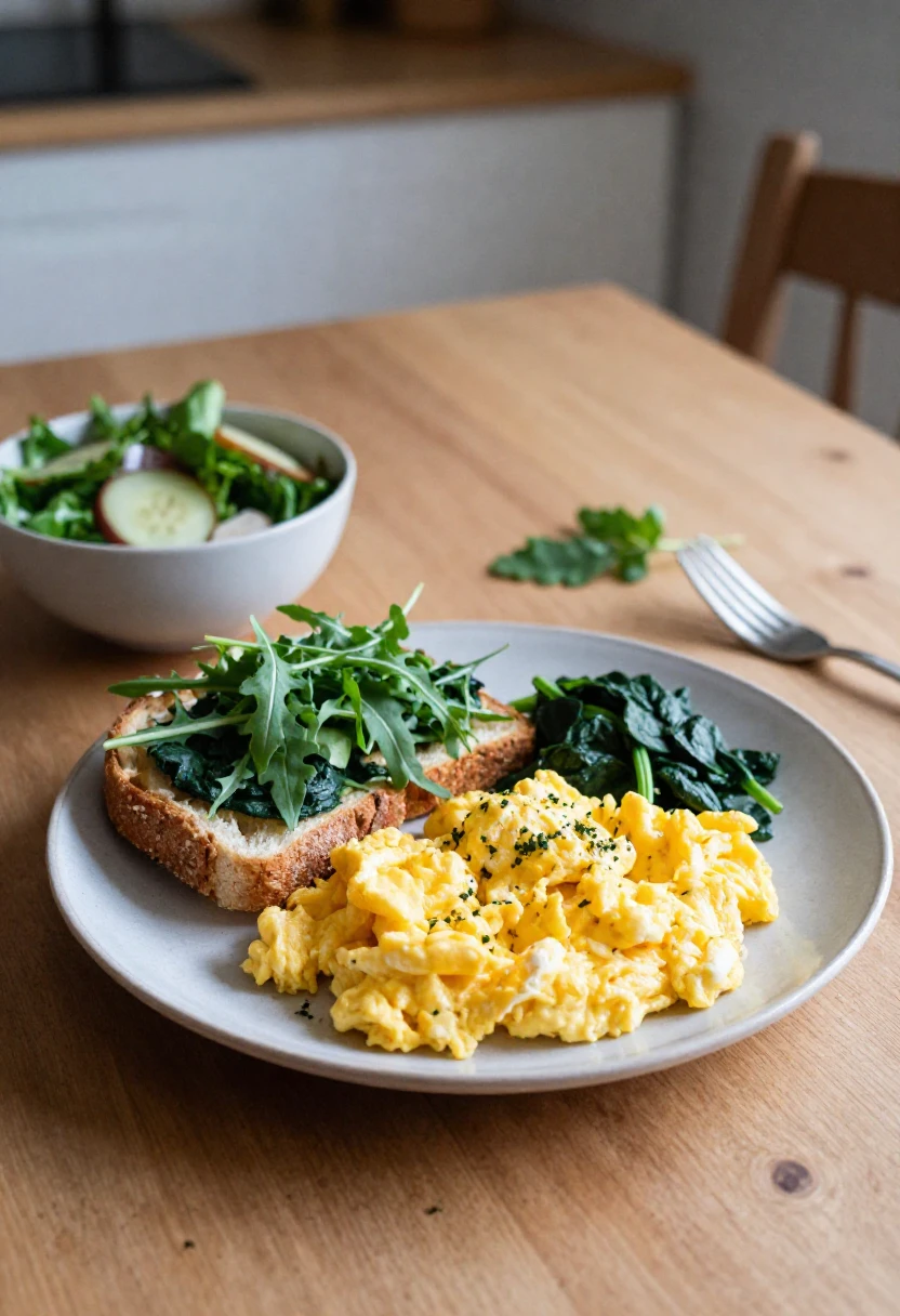 Plate with scrambled eggs sprinkled with herbs, a slice of toast topped with arugula, and sautéed greens on a wooden table.