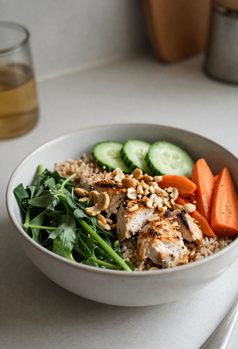 Bowl with grilled chicken slices, brown rice, cucumber rounds, carrot sticks, and leafy greens topped with chopped peanuts over a light counter.