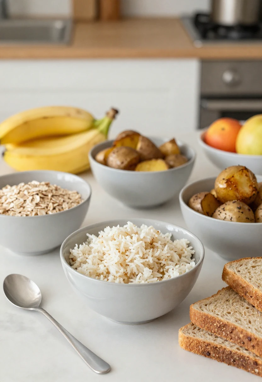 Bowl of cooked white rice on a kitchen counter with bowls of oats, potatoes, bananas, apples, and slices of bread nearby.