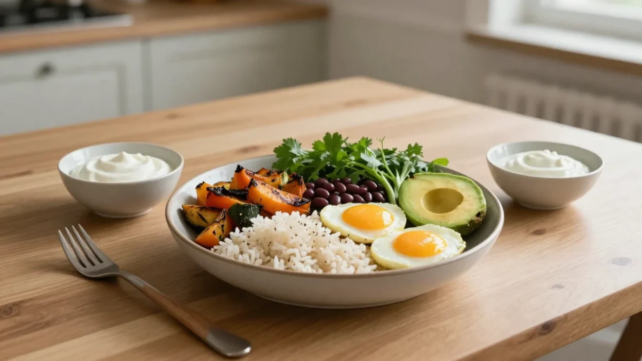 Balanced homemade meal with rice, vegetables, eggs, avocado, beans, and yogurt sauce on a warm kitchen table.