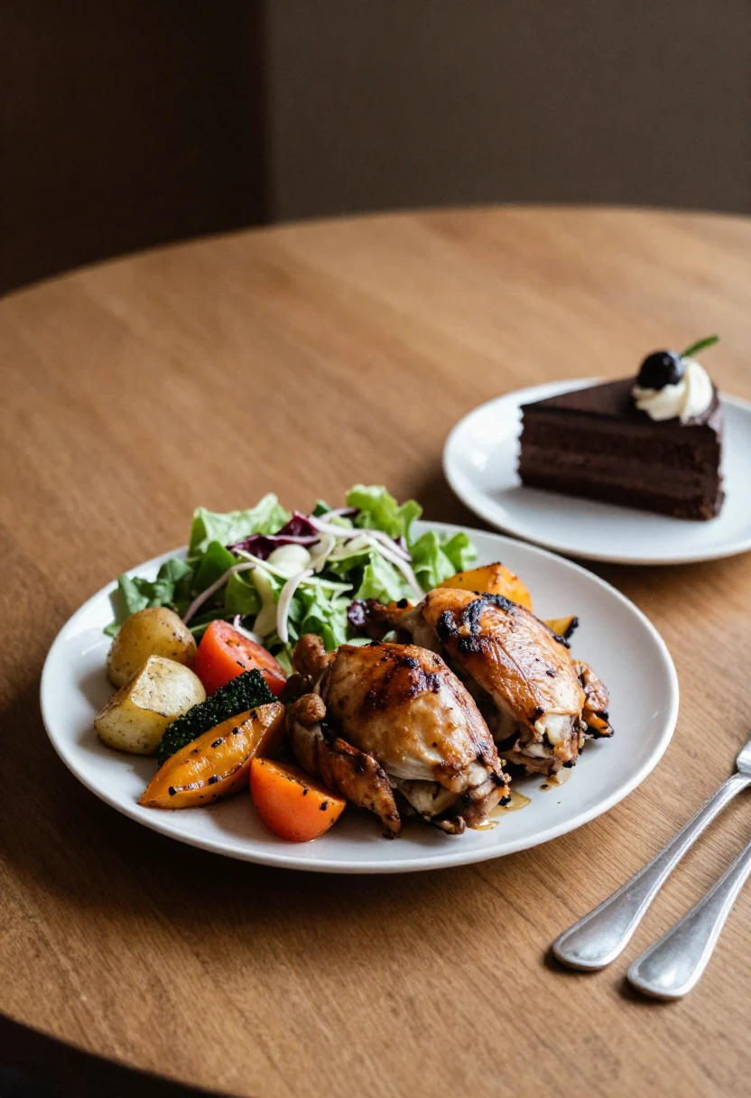 Balanced dinner with roasted vegetables, chicken, potatoes, salad, and a small dessert showing healthy eating without food fear.